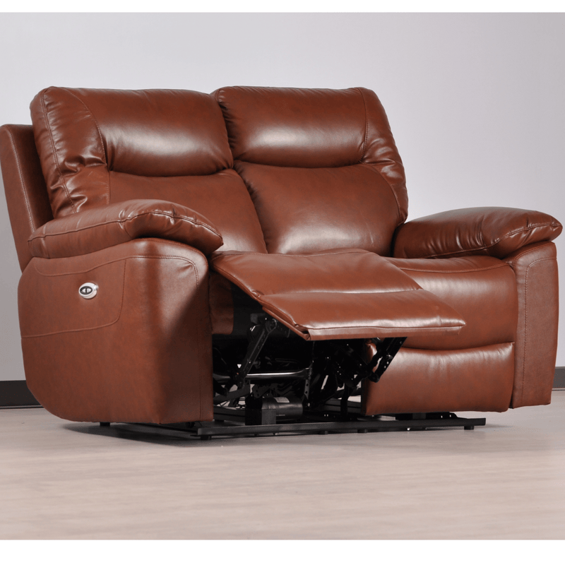 Brown leather recliner sofa on a light wooden floor with a neutral background