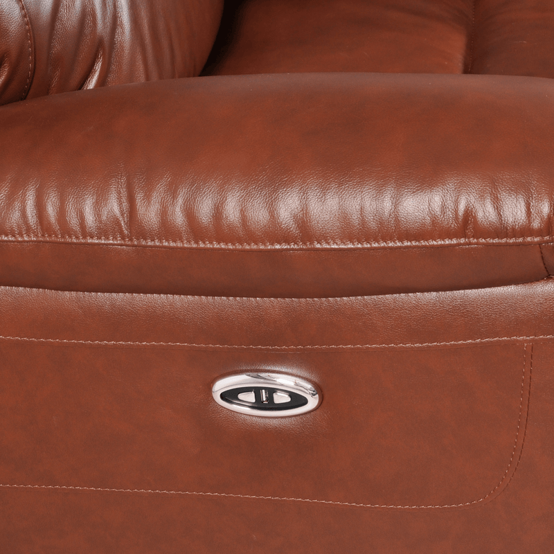 Close-up of a brown leather recliner with a visible brand logo.