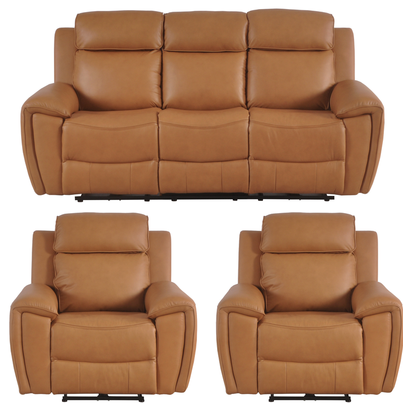 Brown leather sofa and two matching armchairs on a white background