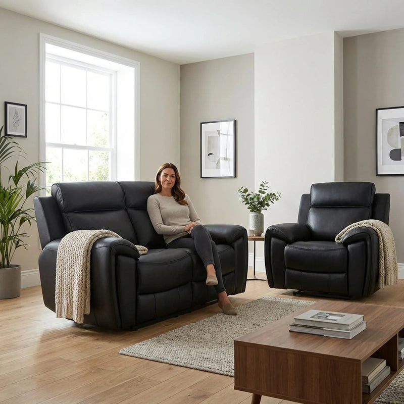 Annecy Leather Black Electric Recliner 2+1 Seater Sofa Set - view 2 - Furniture Instore