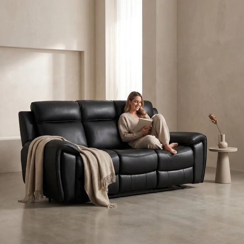 Annecy Genuine Leather Black Electric Recliner 3 Seater Sofa - view 2 - Furniture Instore
