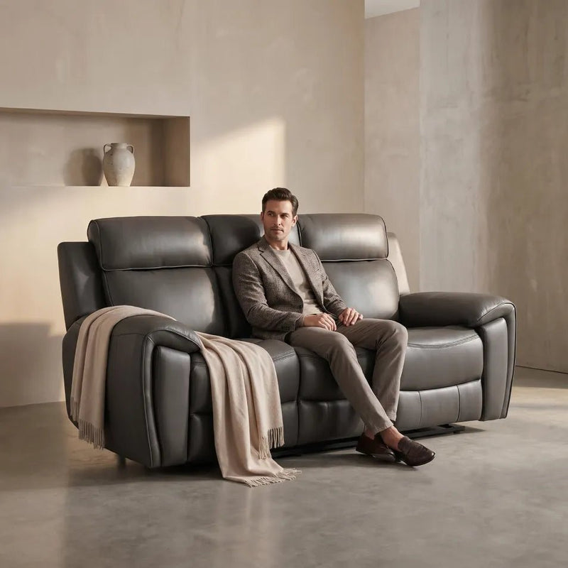 Annecy Genuine Leather Grey Electric Power Recliner 3 Seater - view 2 - Furniture Instore