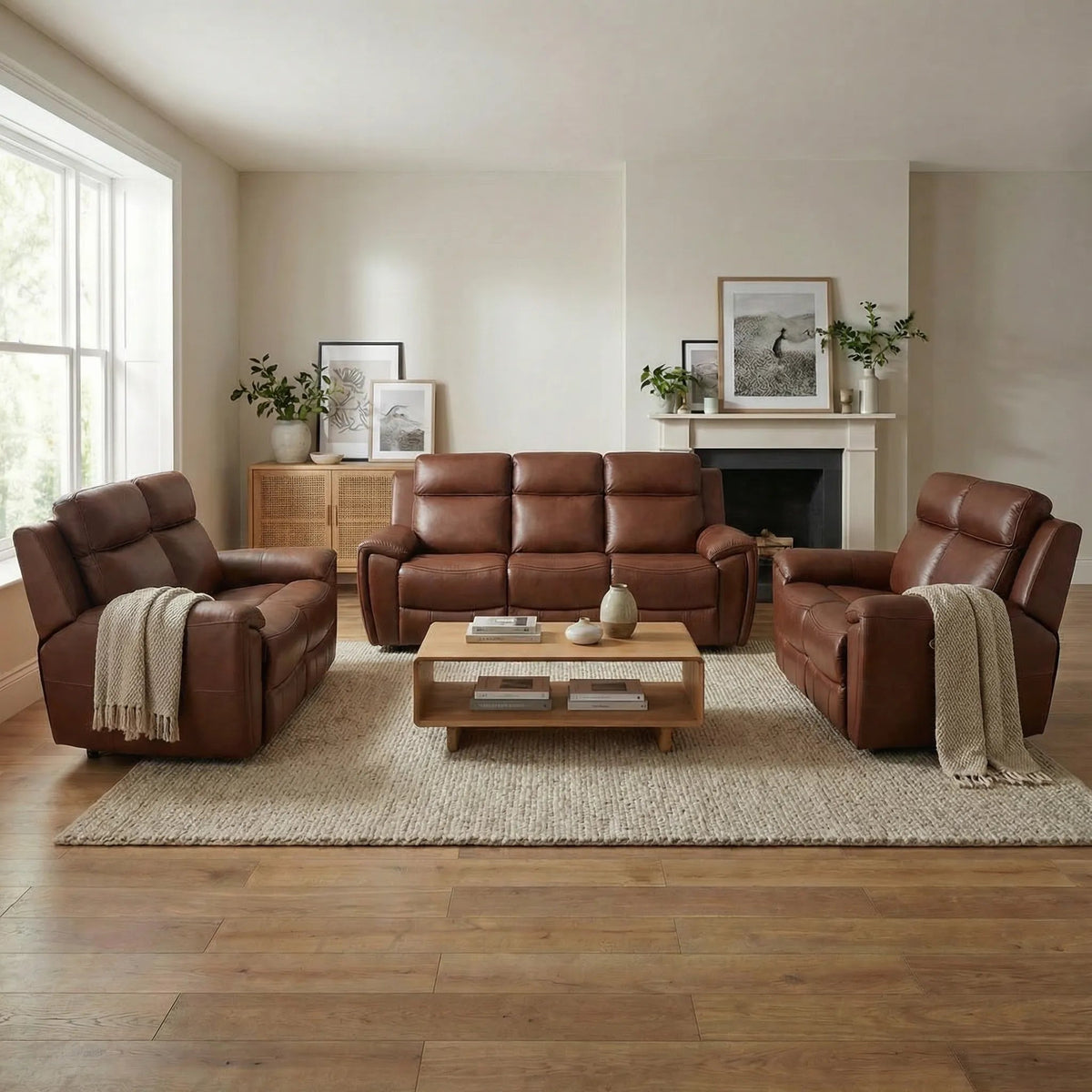 Annecy Leather Tan Electric Recliner 3+2+1 Seater Sofa Set - view 2 - Furniture Instore