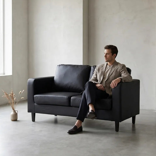Box Black Leather 2 Seater Sofa - view 2 - Furniture Instore
