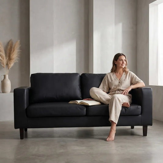 Box Black Leather 3 Seater Sofa - view 2 - Furniture Instore