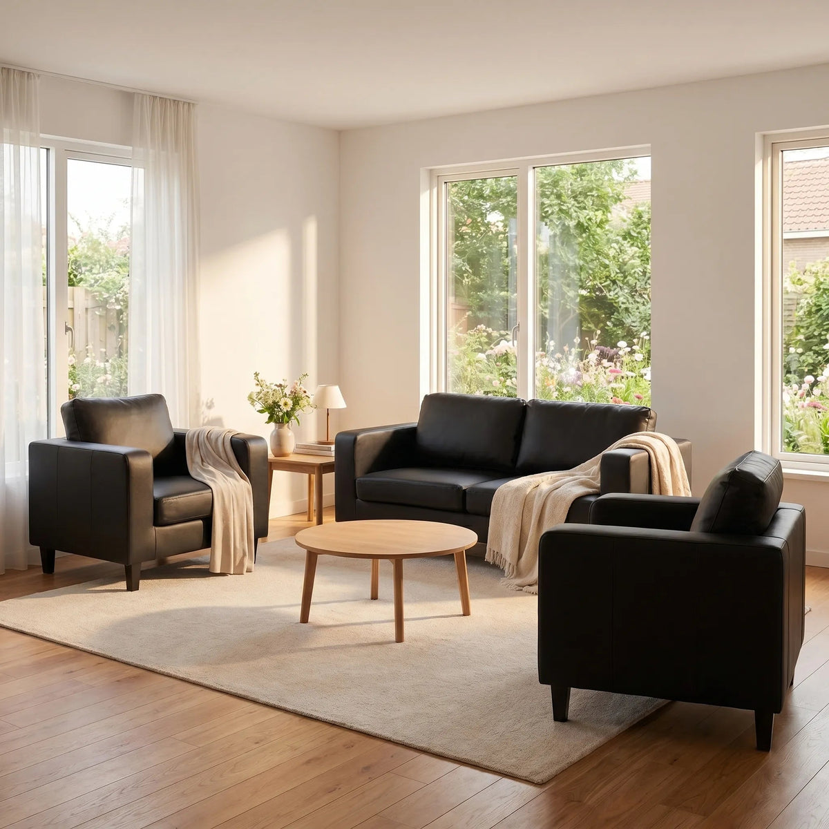 Box Black Leather 3+1+1 Seater Sofa Set - view 2 - Furniture Instore