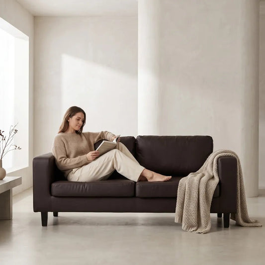 Box Brown Leather 3 Seater Sofa - view 2 - Furniture Instore