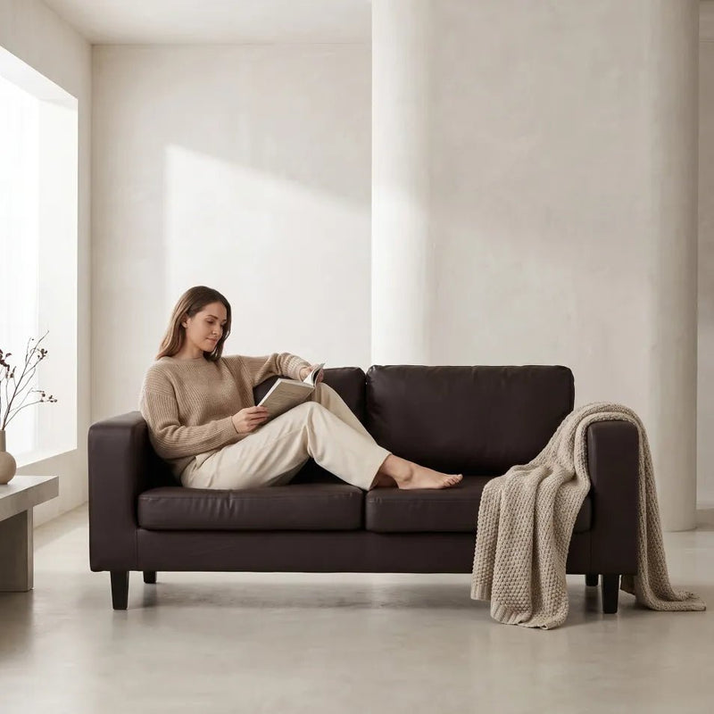 Box Brown Leather 3 Seater Sofa - view 2 - Furniture Instore