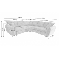Gray sectional sofa with dimensions on a white background