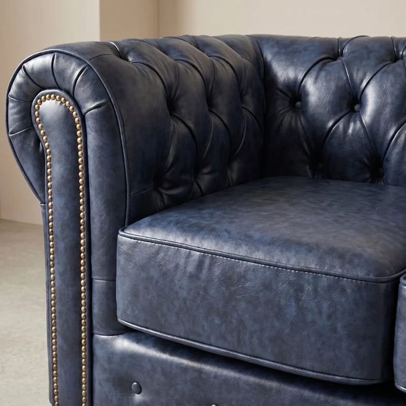 Chesterfield Blue Leather Antique 2+2 Seater Sofa Set - 2 Seater Sofa Side Profile - Furniture Instore