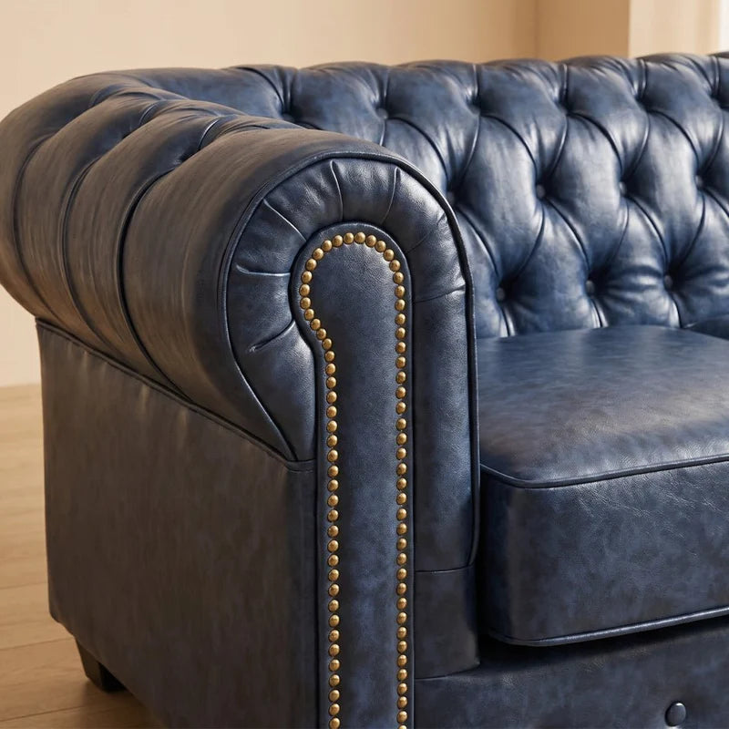 Chesterfield Blue Leather Antique 3+2 Seater Sofa Set - 3 Seater Sofa Front View - Furniture Instore