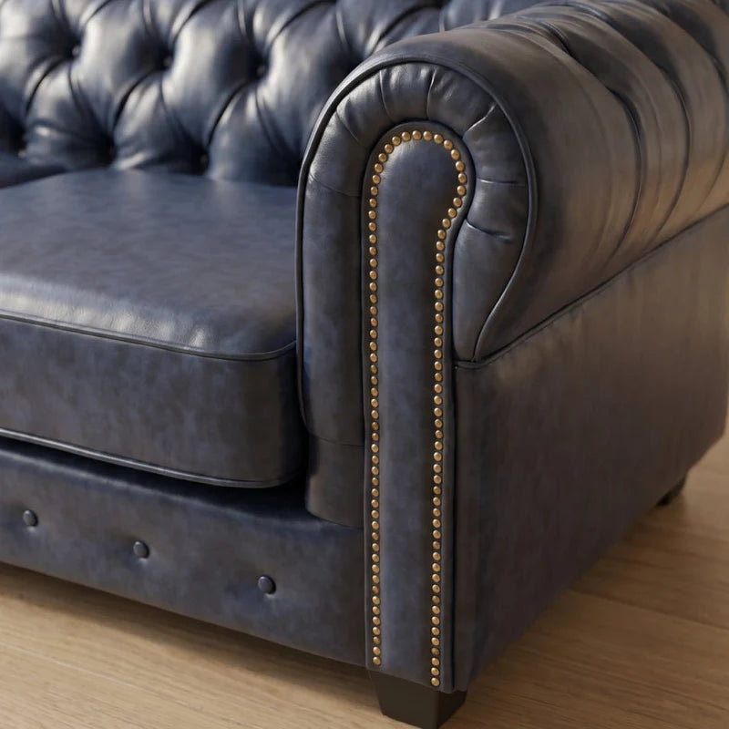 Chesterfield Blue Leather Antique 3+1+1 Seater Sofa Set - 3 Seater Sofa Front View - Furniture Instore