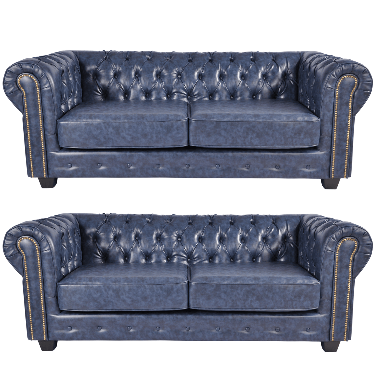 Chesterfield Blue Leather Antique 3+3 Seater Sofa Set - Furniture Instore