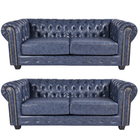 Chesterfield Blue Leather Antique 3+3 Sofa Set
