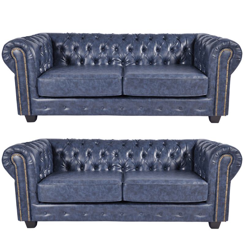 Chesterfield Blue Leather Antique 3+3 Seater Sofa Set - Furniture Instore