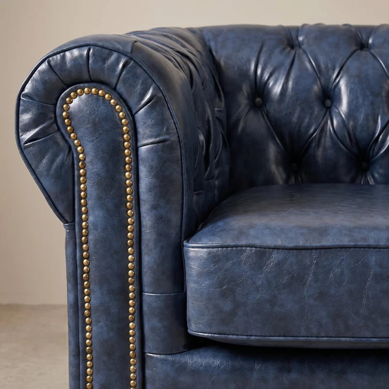Chesterfield Blue Leather Antique 3+2+1 Seater Sofa Set - Armchair Front View - Furniture Instore