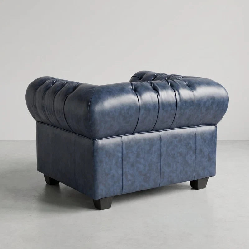 Chesterfield Blue Leather Antique 2+1 Seater Sofa Set - Armchair Side Profile - Furniture Instore