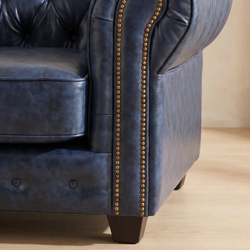 Chesterfield Blue Leather Antique 2+1 Seater Sofa Set - Armchair Front View - Furniture Instore