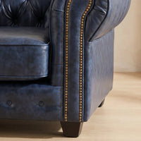 Chesterfield Blue Leather Antique 2+1 Seater Sofa Set - Armchair Front View - Furniture Instore