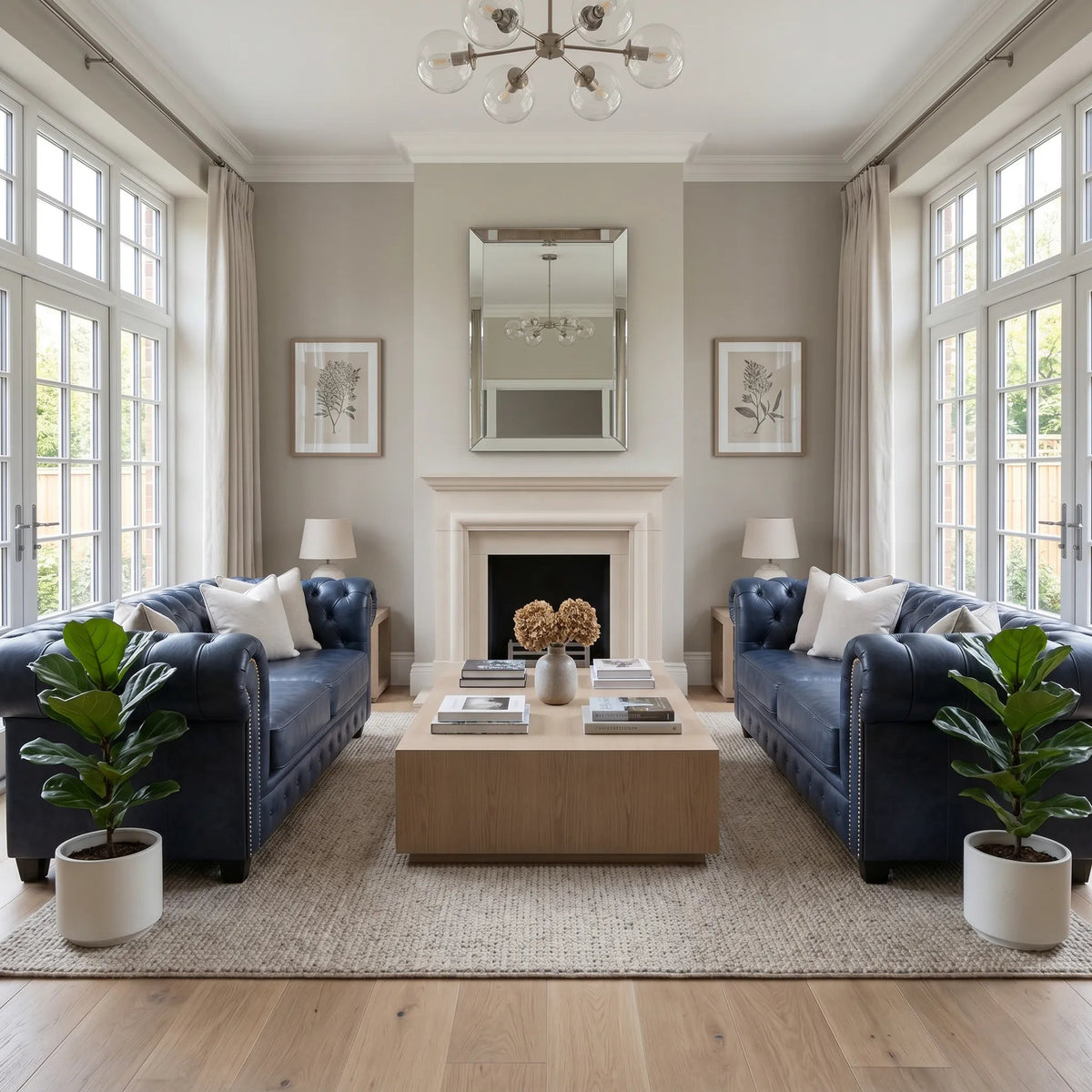Chesterfield Blue Leather Antique Sofa Set for Living Room - Furniture Instore