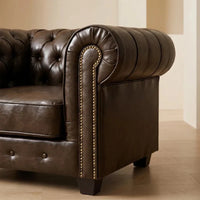 chesterfield-brown-leather-antique-armchair-3-1-1-seater-sofa-set-tone-rich-patina-matching-british-furniture-view-front-side-close-corner-angle-texture-grain-stitched-hand-craftsmanship-timeless-style