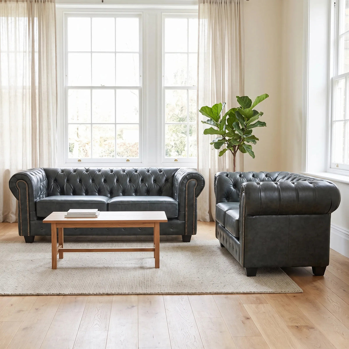 Chesterfield Green Leather Antique 3+2 Seater Sofa Set - Furniture Instore