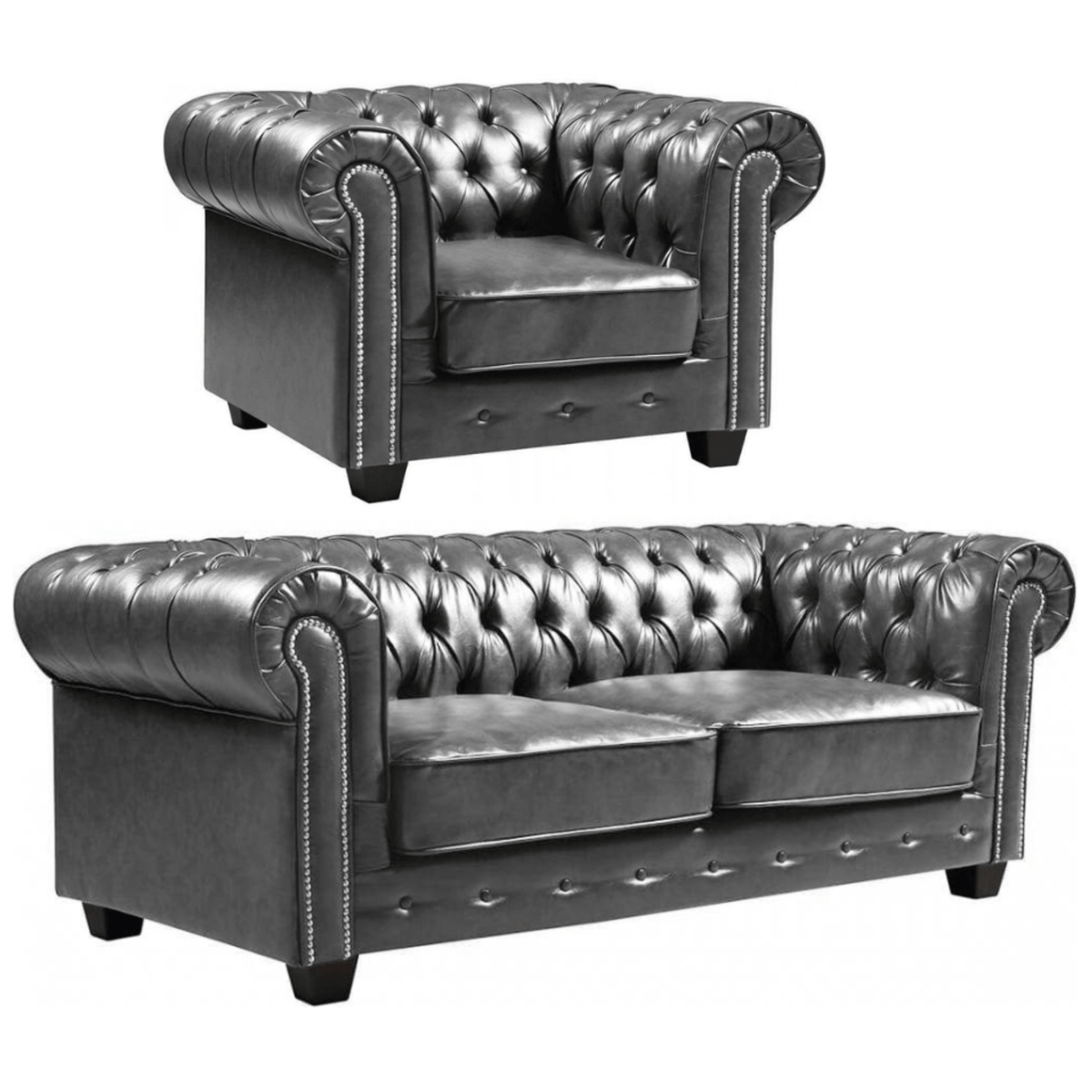 Grey leather Chesterfield sofa and armchair on a white background