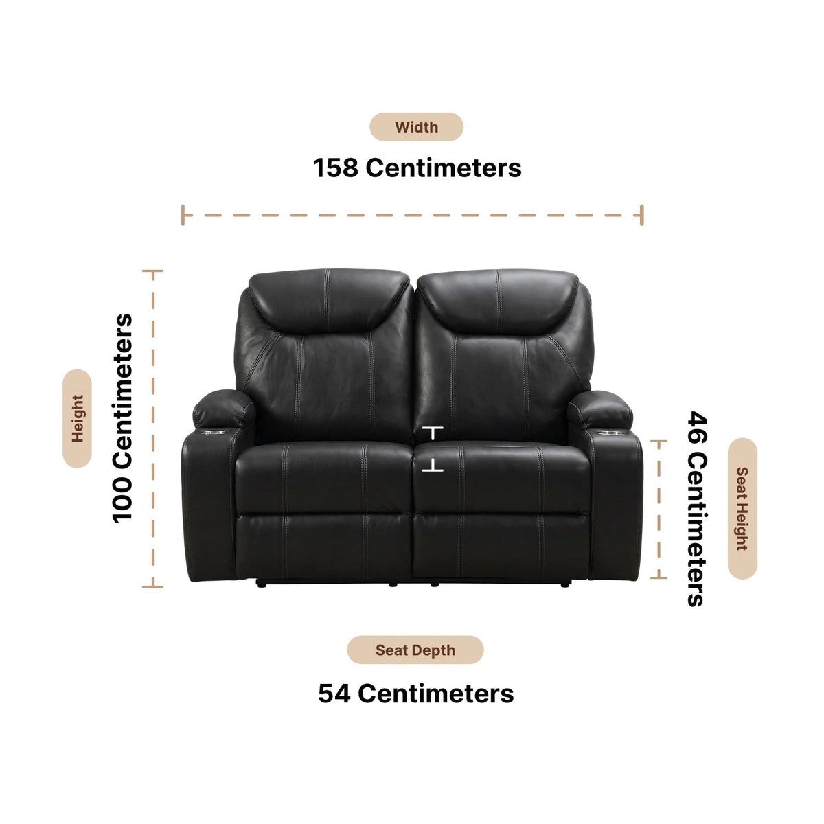 Cinema Black Electric 2 Seater Leather Recliner Sofa With Two Cup Holders Dimensions