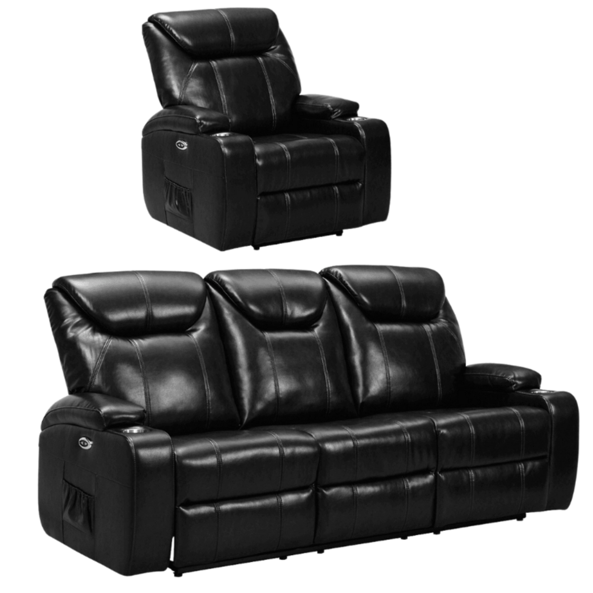 Black leather recliner chair and sofa set on a white background