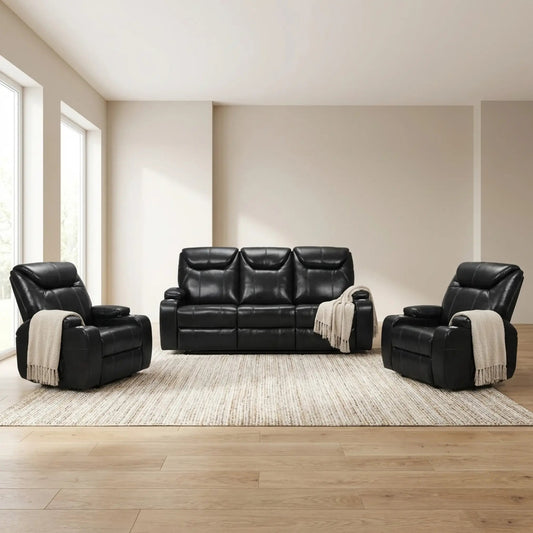 Cinema Black Electric 3+1+1 Seater Leather Recliner Sofa Set With Two Cup Holders - Furniture