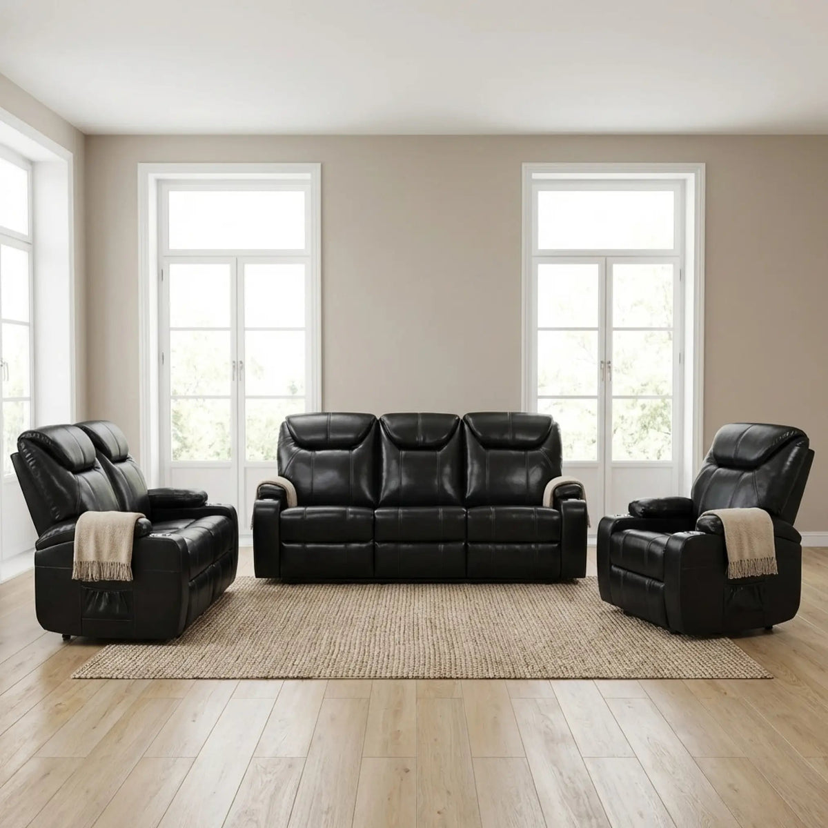 Cinema Black Electric 3+2+1 Seater Leather Recliner Sofa Set With Two Cup Holders - Furniture