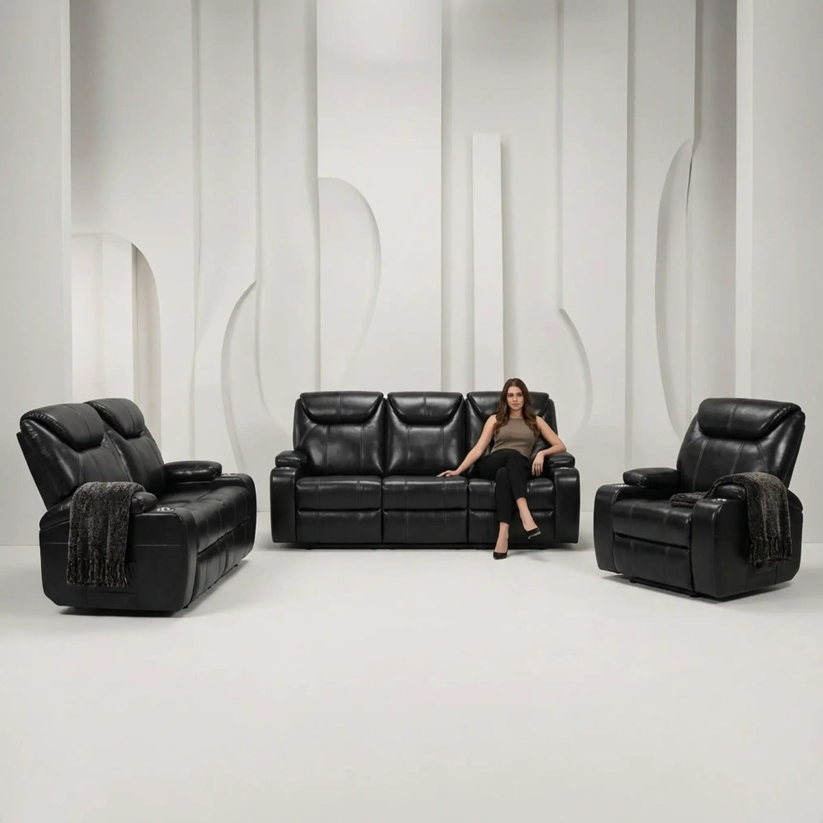 Cinema Black Electric 3+2+1 Seater Leather Recliner Sofa Set With Two Cup Holders - Furniture