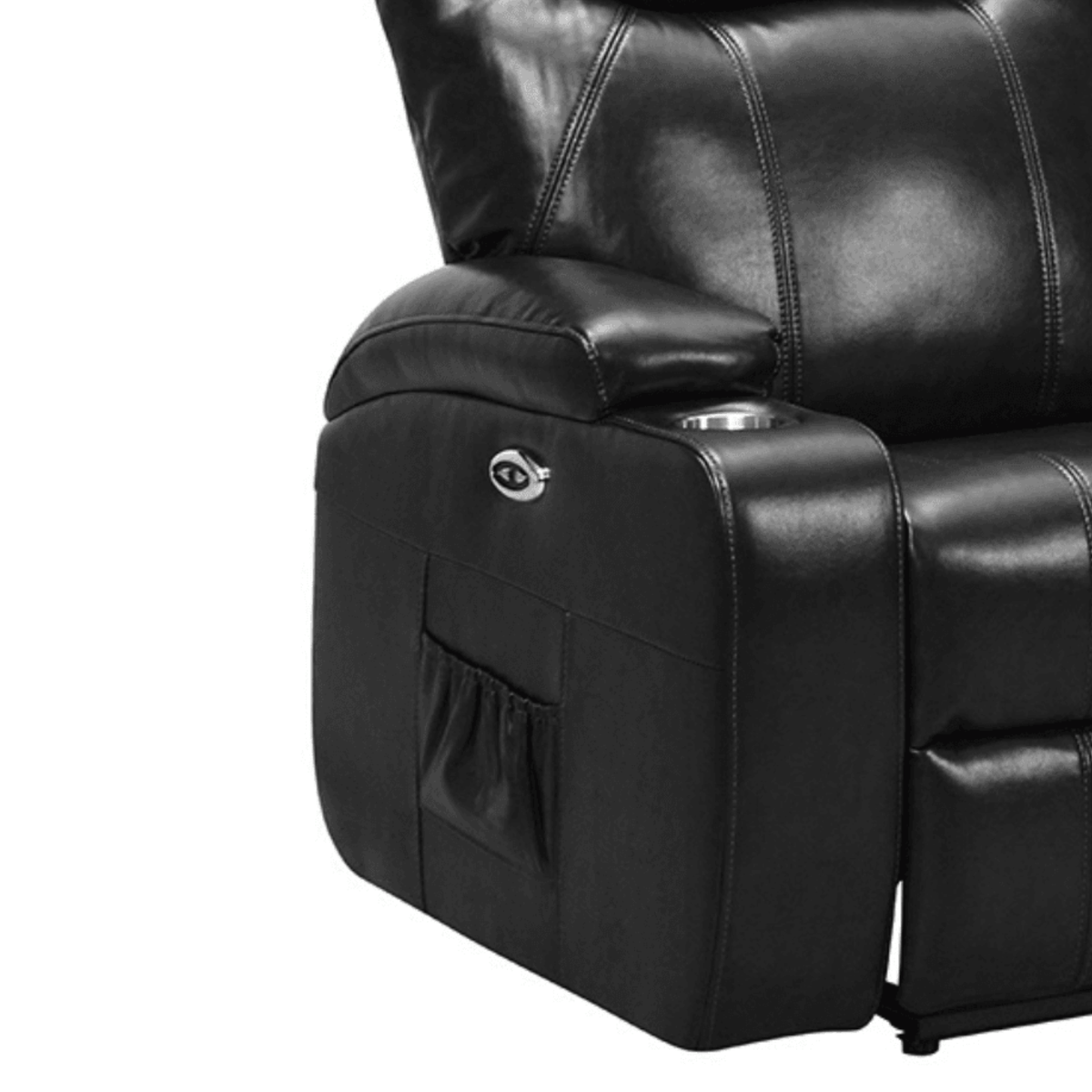 Black leather recliner chair with cup holder and armrest on a white background