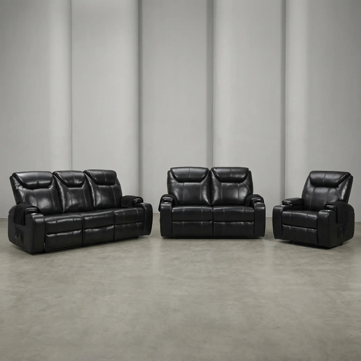 Cinema Black Electric 3+2+1 Seater Leather Recliner Sofa Set With Two Cup Holders - Furniture