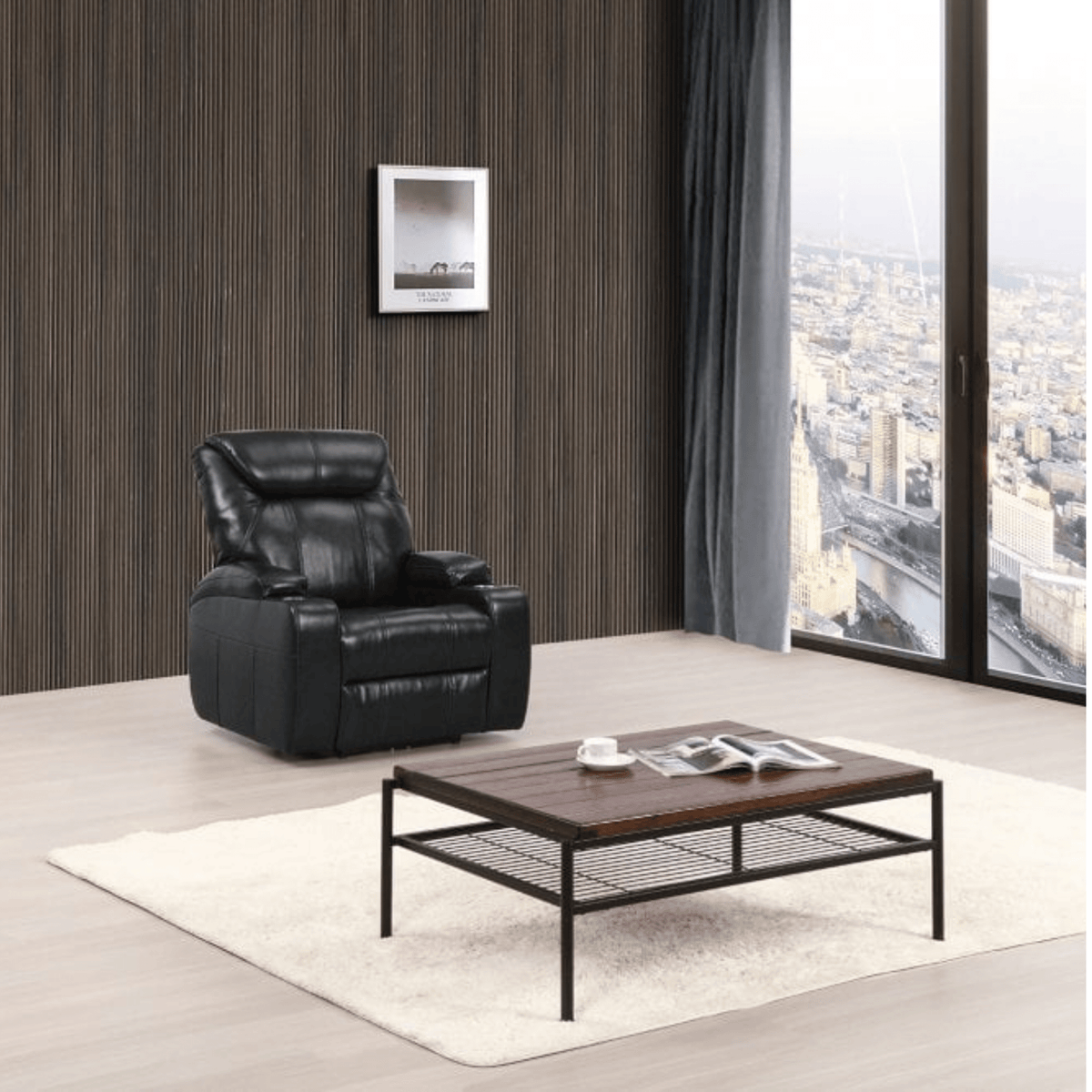 Modern living room with a black leather recliner chair and wooden coffee table.