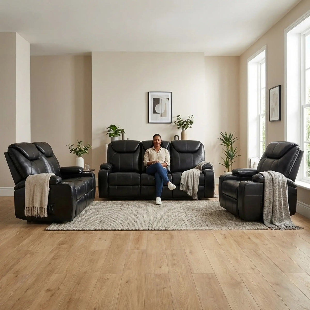 Cinema Black Electric 3+2+1 Seater Leather Recliner Sofa Set With Two Cup Holders - Furniture
