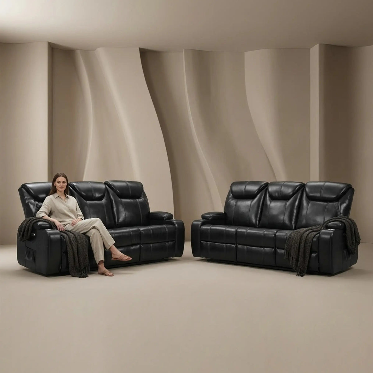 Cinema Black Electric 3+3 Seater Leather Recliner Sofa Set With Two Cup Holders - Furniture Instore