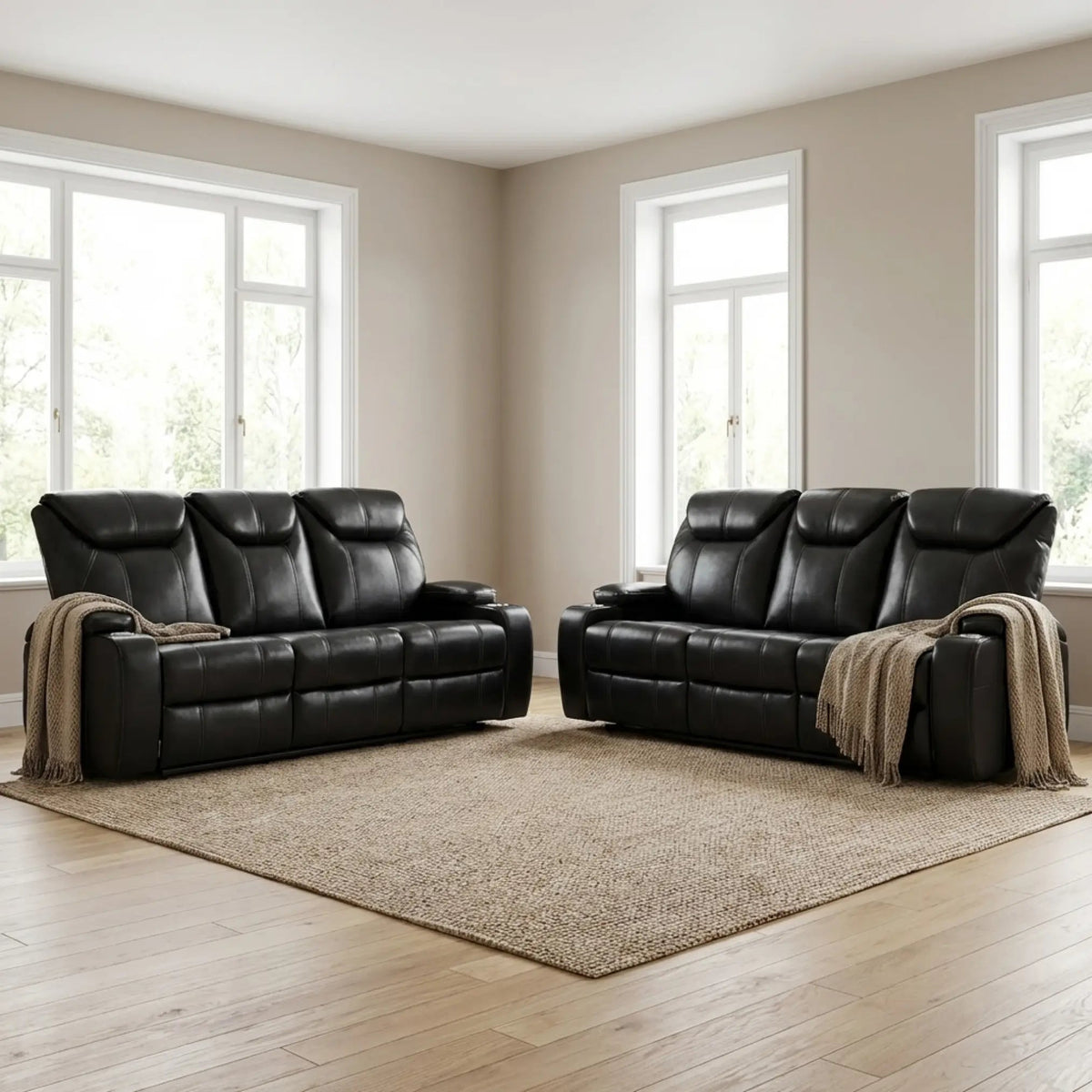 Cinema Black Electric 3+3 Seater Leather Recliner Sofa Set With Two Cup Holders - Furniture Instore