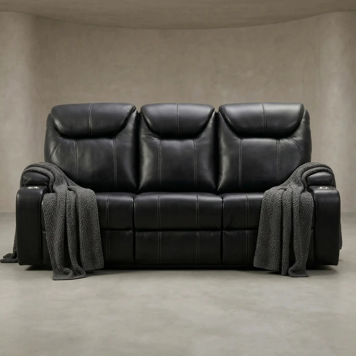 Cinema Black Electric Leather 3 Seater Recliner Sofa With Two Cup Holders - Furniture Instore