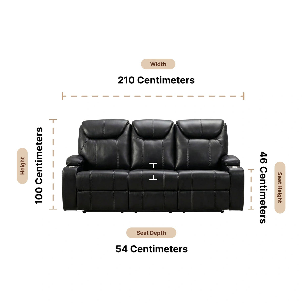 Cinema Black Electric Leather 3 Seater Recliner Sofa With Two Cup Holders Dimensions