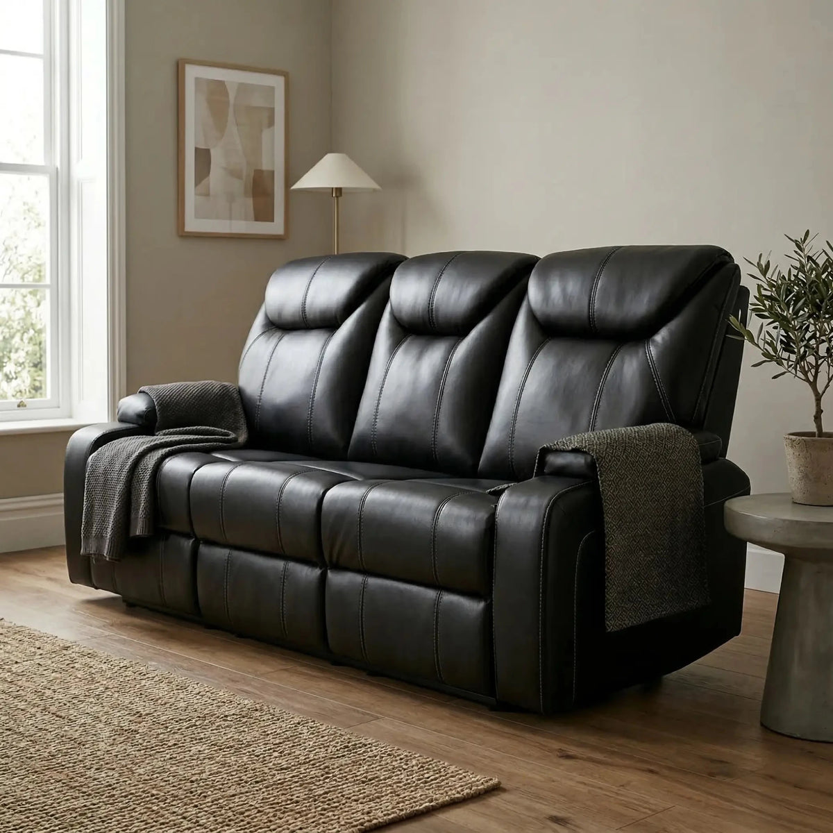 Cinema Black Electric Leather 3 Seater Recliner Sofa With Two Cup Holders - Furniture Instore