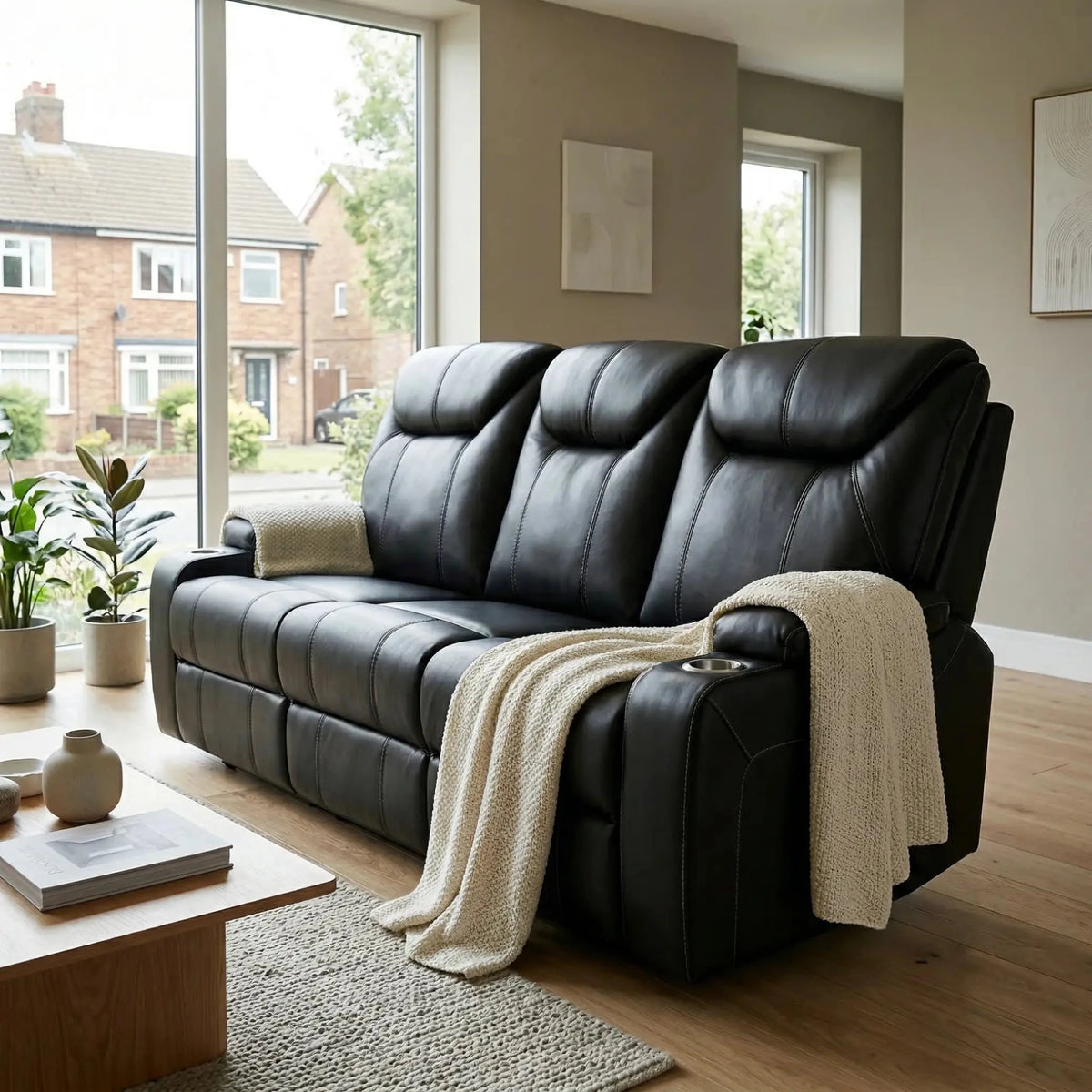 Cinema Black Electric Leather 3 Seater Recliner Sofa With Two Cup Holders - Furniture Instore