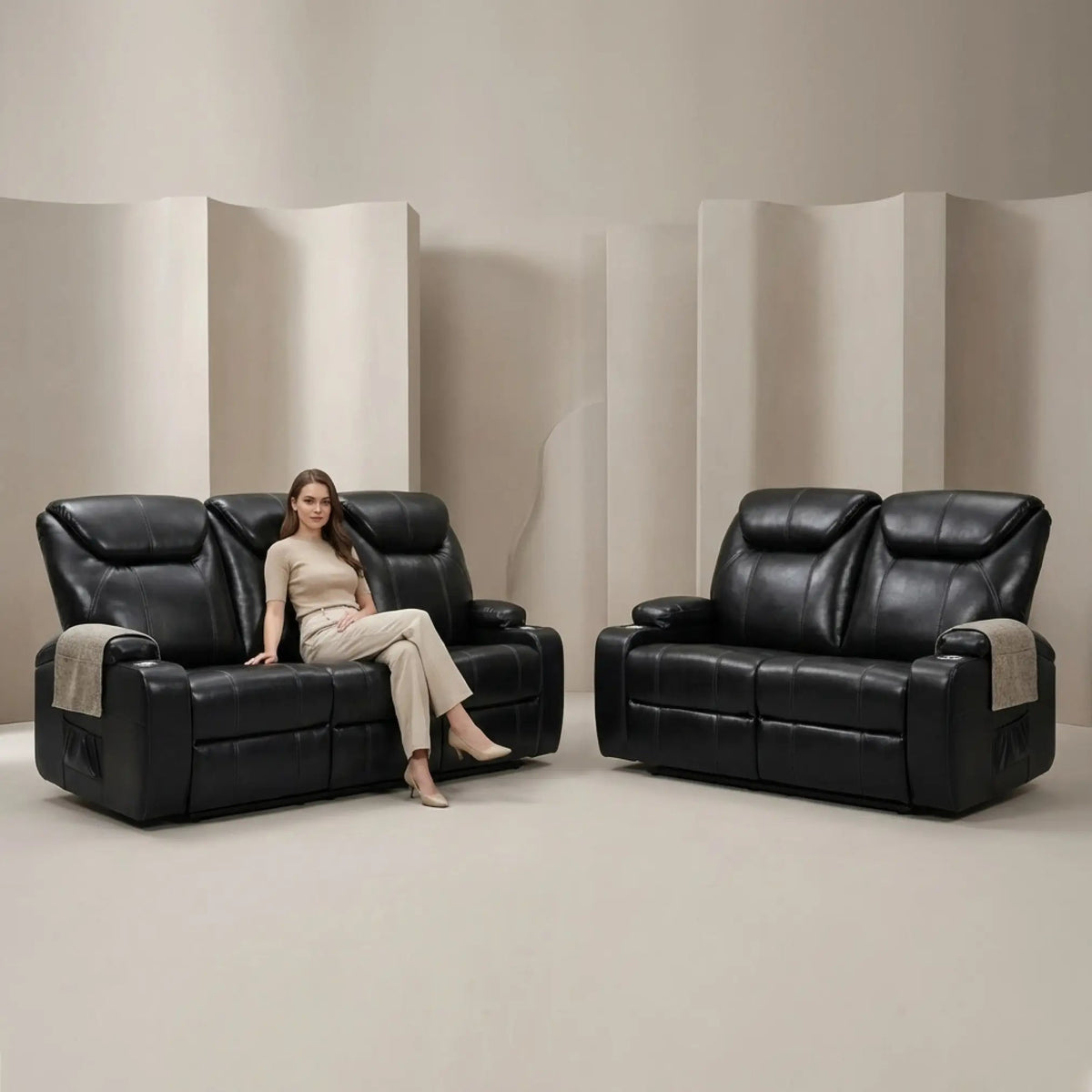 Cinema Black Electric Leather 3+2 Seater Recliner Sofa Set With Two Cup Holders - Furniture Instore