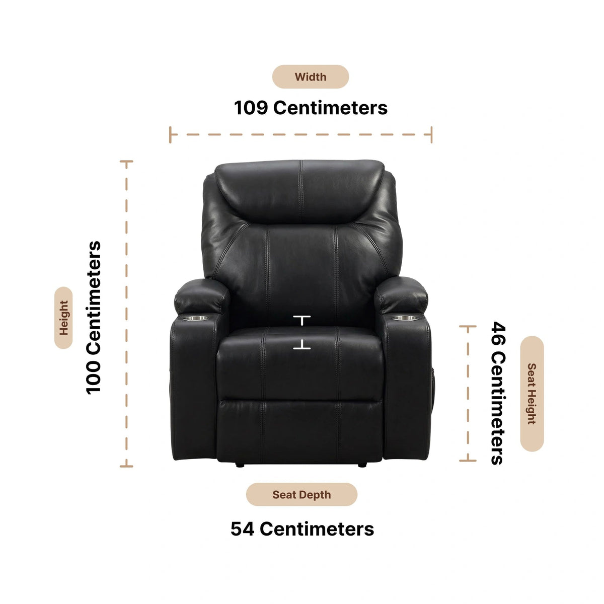 Cinema Black Electric Leather Recliner Armchair With Two Cup Holders Dimensions