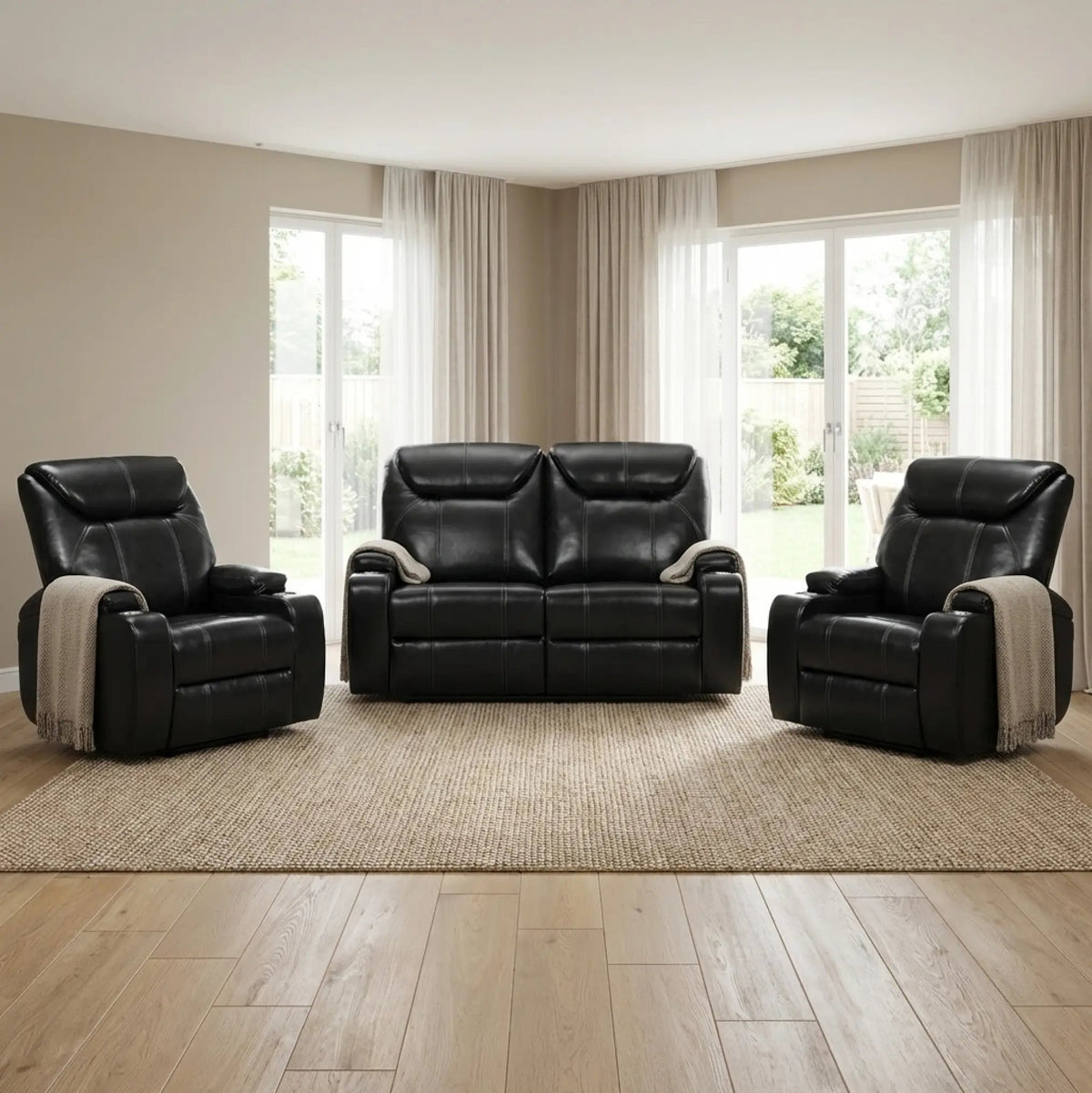 Cinema Black Electric Seater 2+1+1 Leather Recliner Sofa Set With Two Cup Holders - Furniture