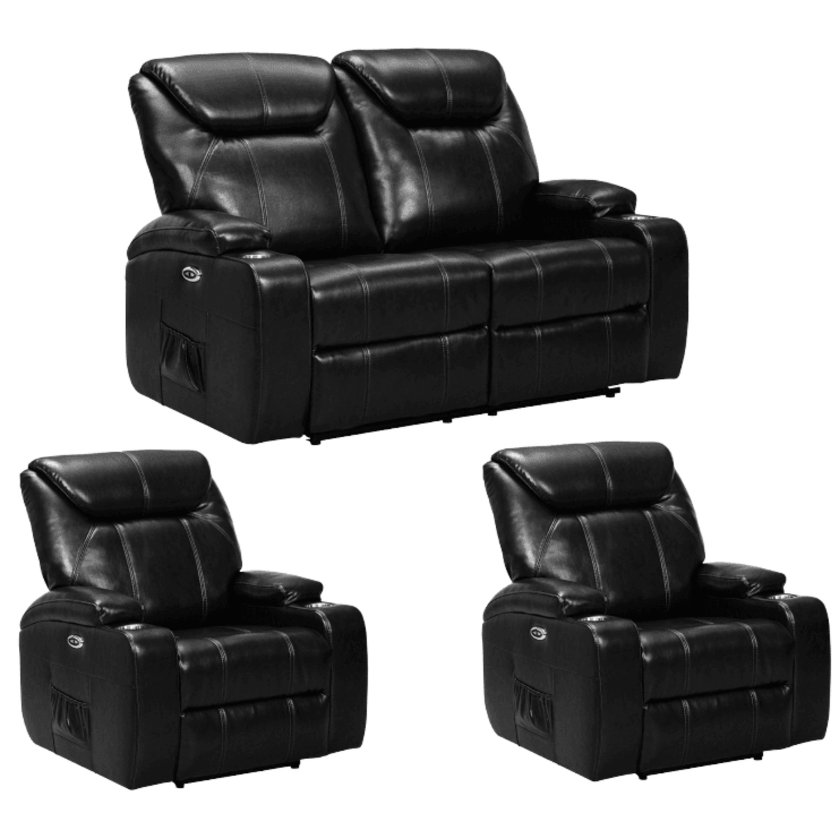 Black leather recliner sofa set on a white background