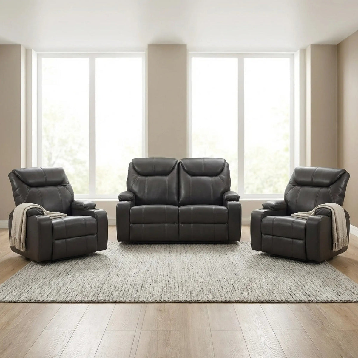Cinema Grey Electric 2+1+1 Leather Recliner Sofa With Two Cup Holders - Furniture Instore