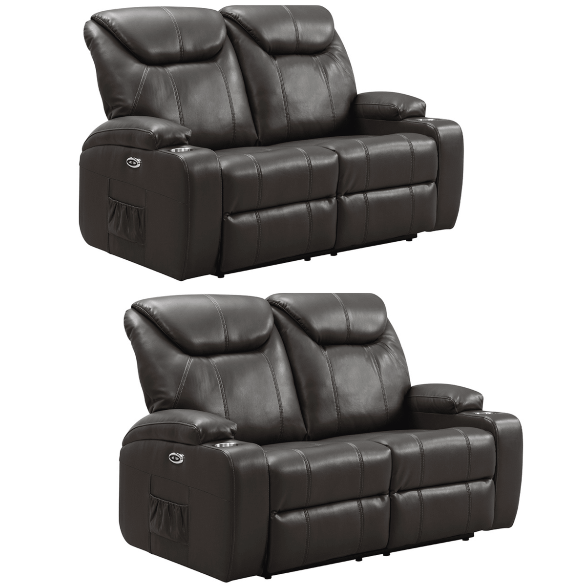 Two black leather recliner sofas on a white background
