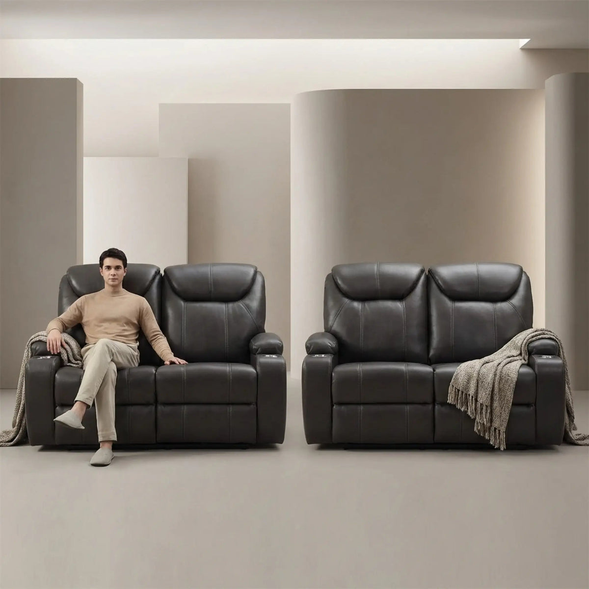 Cinema Grey Electric 2+2 Seater Leather Recliner Sofa Set With Two Cup Holders - Furniture Instore