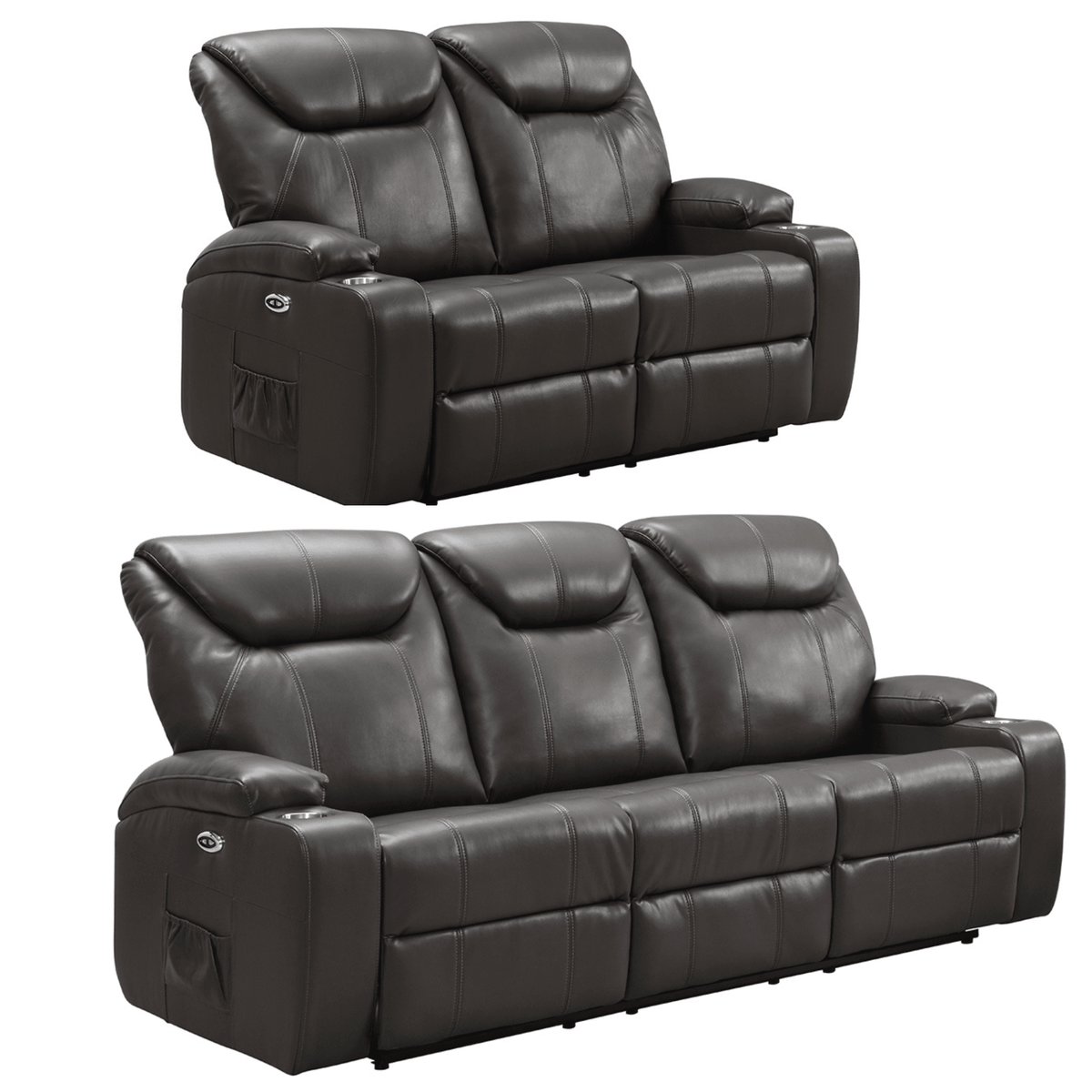 Two grey leather recliner sofas on a white background